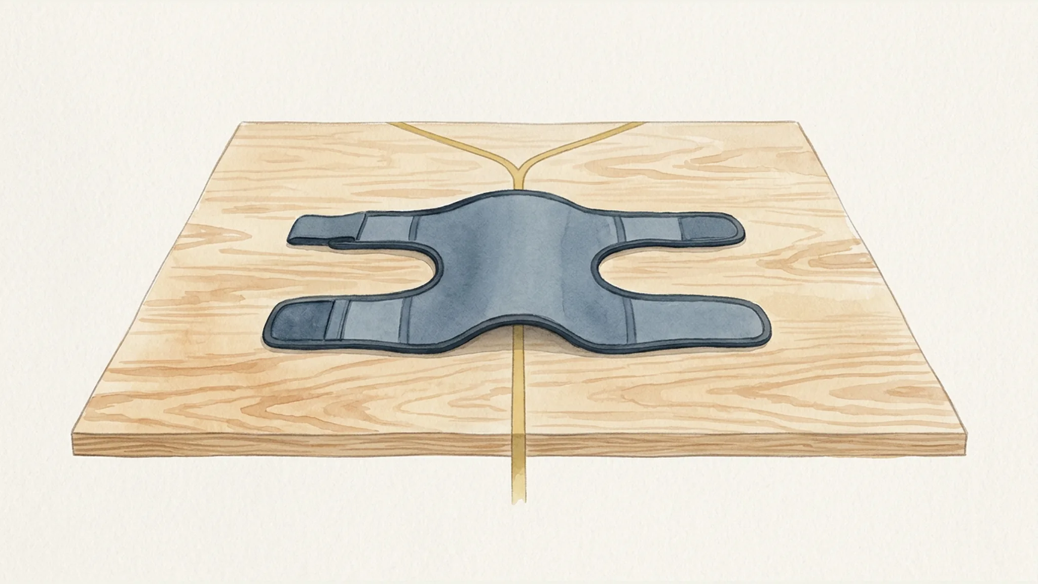 Watercolor illustration of a knee brace on a jobsite surface with a gold line splitting into two paths.