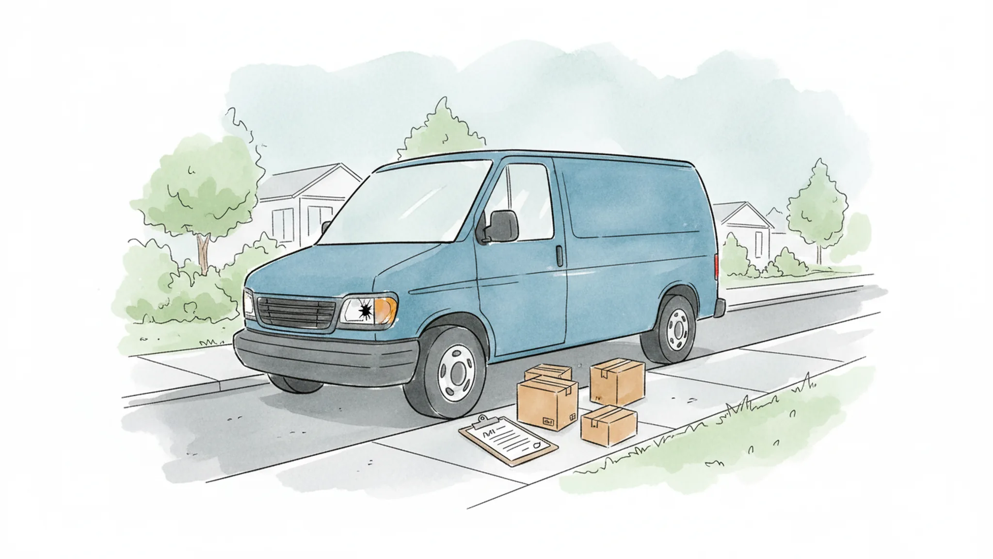 Unbranded delivery van near a Portland residential curb with packages and route documents in a minimalist watercolor illustration