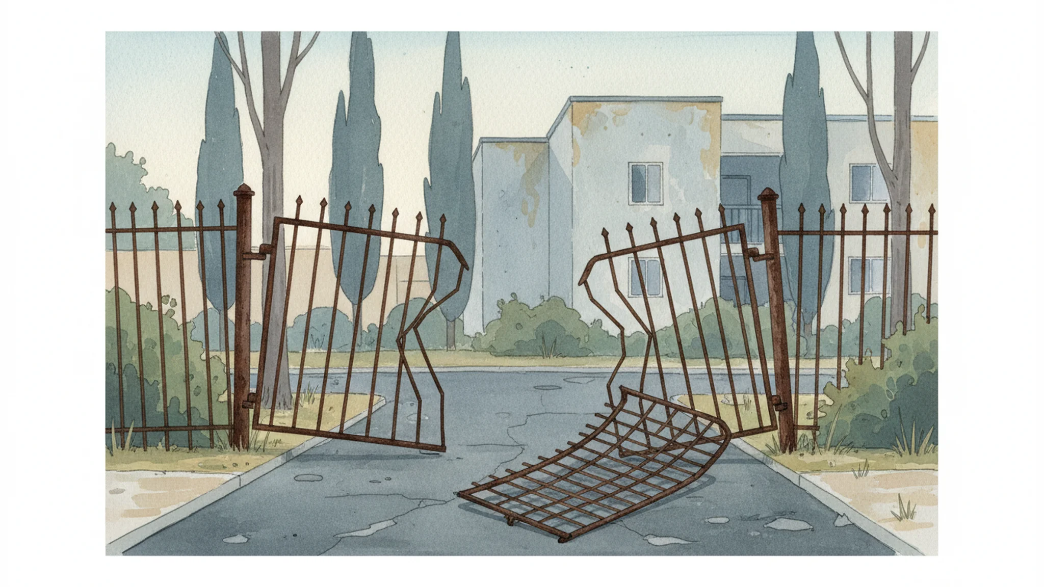 Broken apartment complex security gate shown in a minimalist watercolor illustration