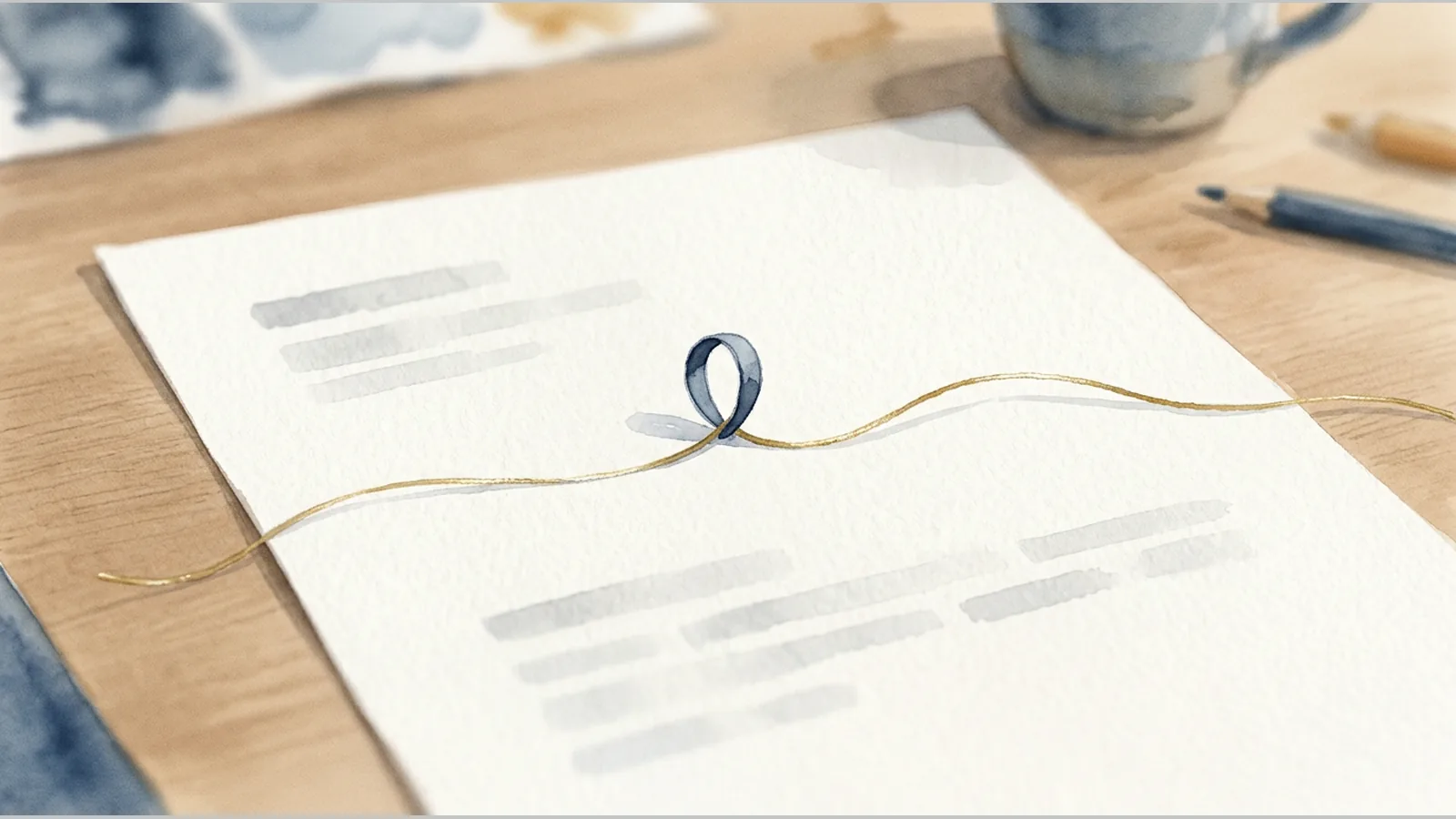 Plain sheet of paper with a gold thread passing through a small blue loop, illustrating a constrained arbitration process.