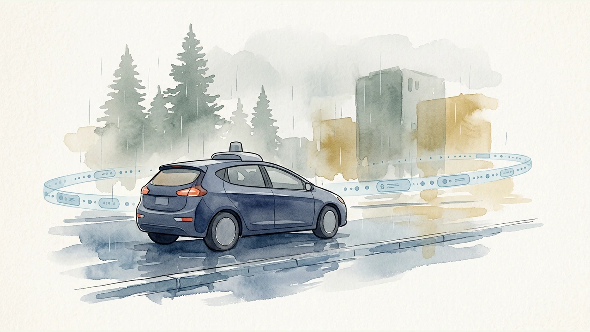 Watercolor illustration of an unbranded autonomous car on a rain-damp Pacific Northwest street with a translucent telemetry trail.