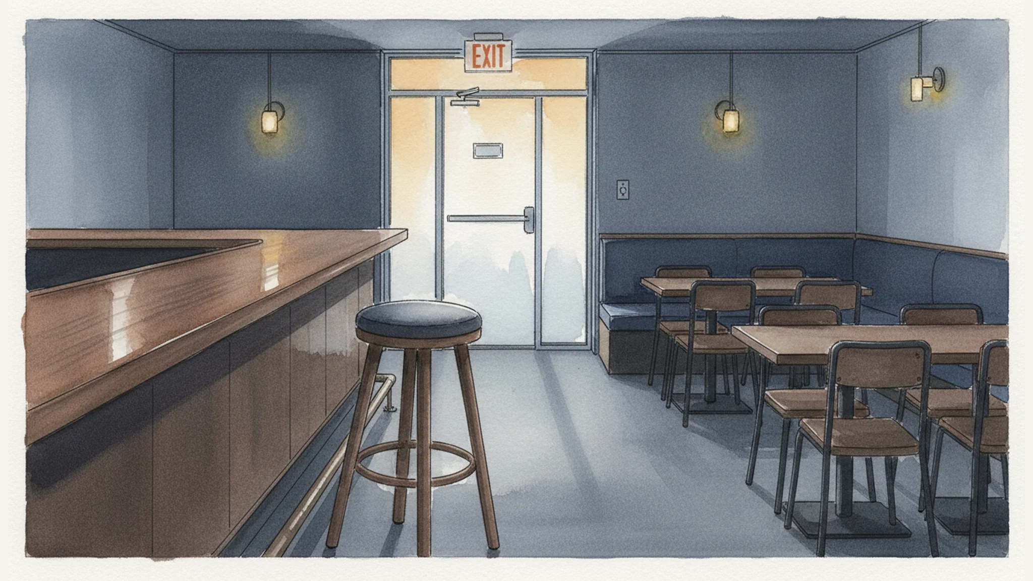 Empty bar stool near an exit, suggesting a bar’s duty to intervene before violence escalates