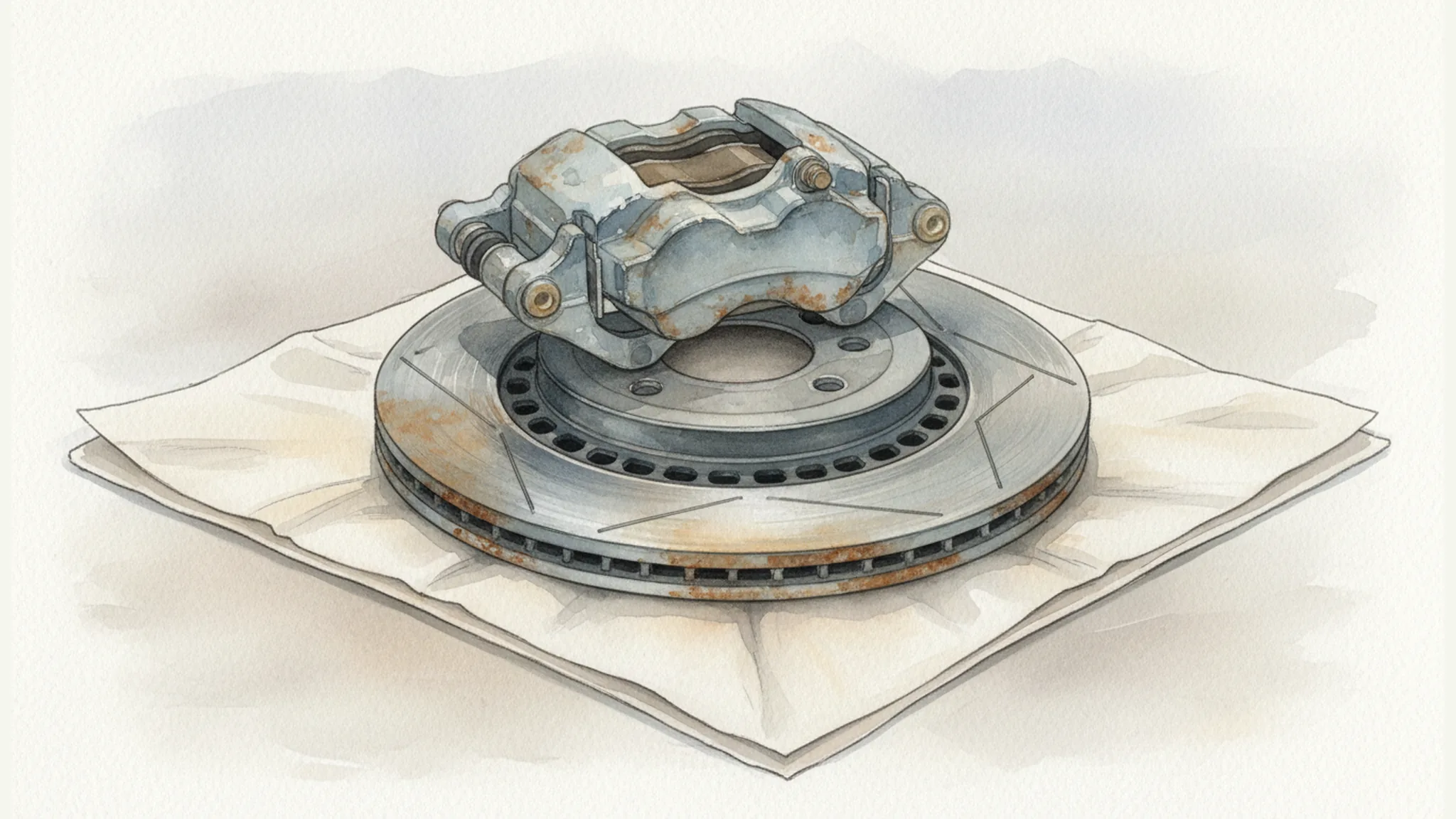 Watercolor illustration of a worn brake caliper and rotor preserved for inspection after a brake failure.