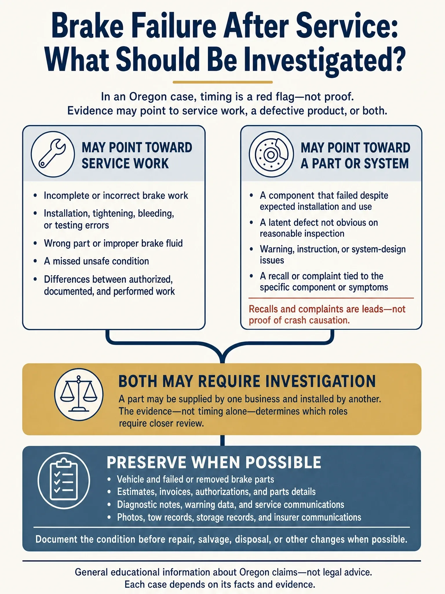 Comparison of evidence that may point to brake-service errors, a defective part or system, or both after an Oregon brake failure, with records and physical evidence to preserve.