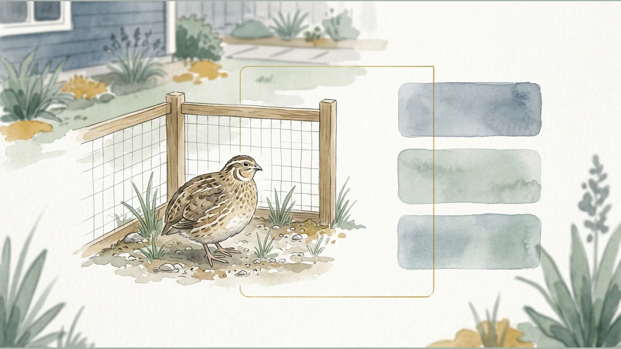 Watercolor illustration of a domestic quail in a backyard pen beside unmarked checklist shapes.