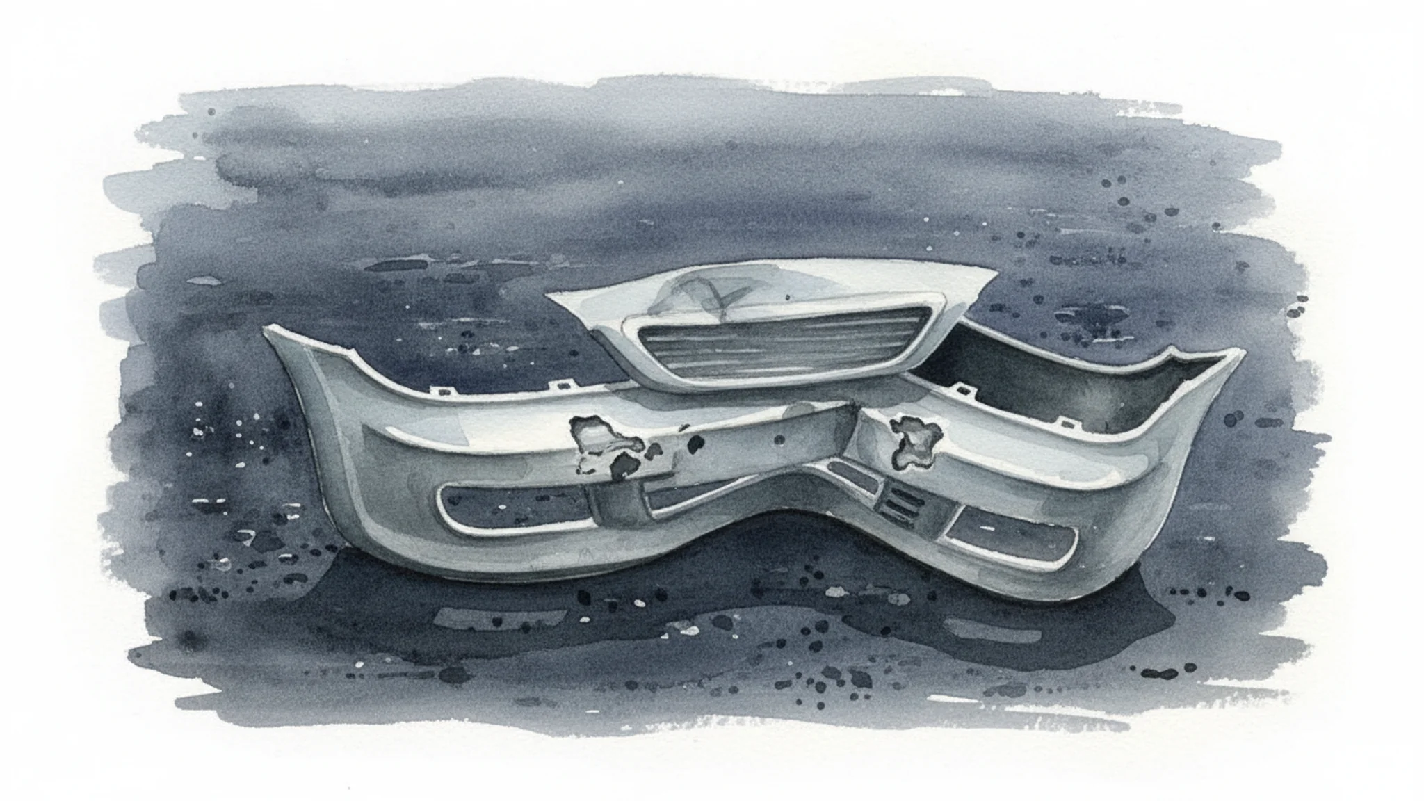 Watercolor illustration of a crumpled car bumper resting on dark asphalt