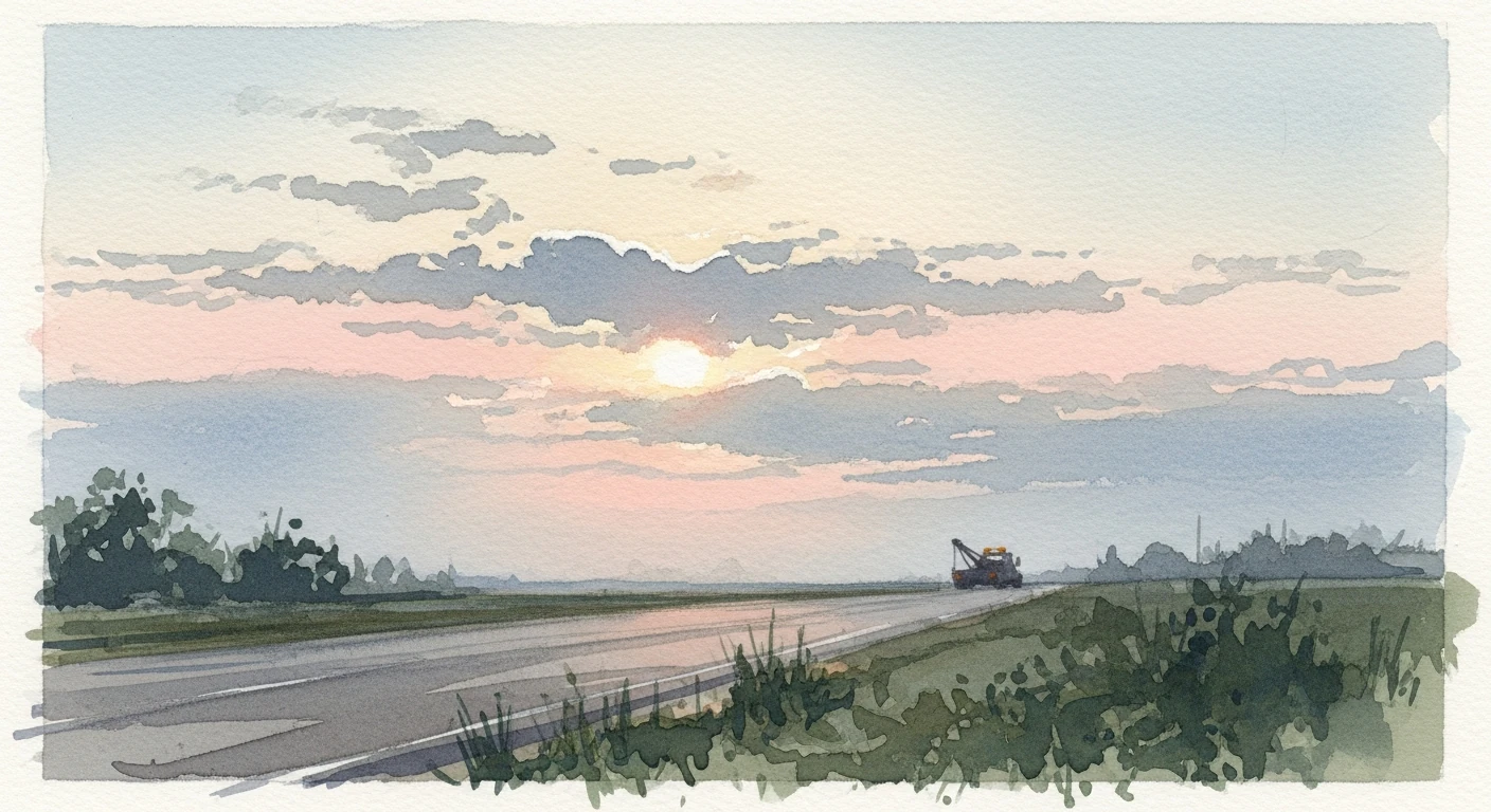 Minimal watercolor scene of a quiet roadside at dawn with gentle light breaking through clouds.