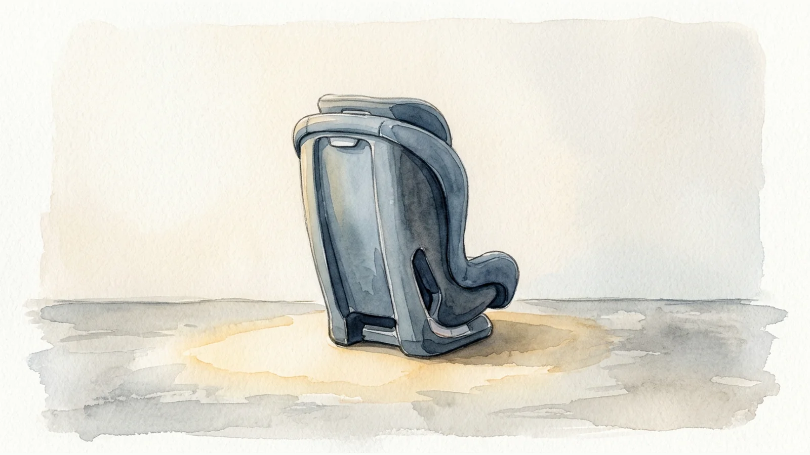 Watercolor illustration of an empty child car seat set aside on an indoor storage floor, viewed from behind.