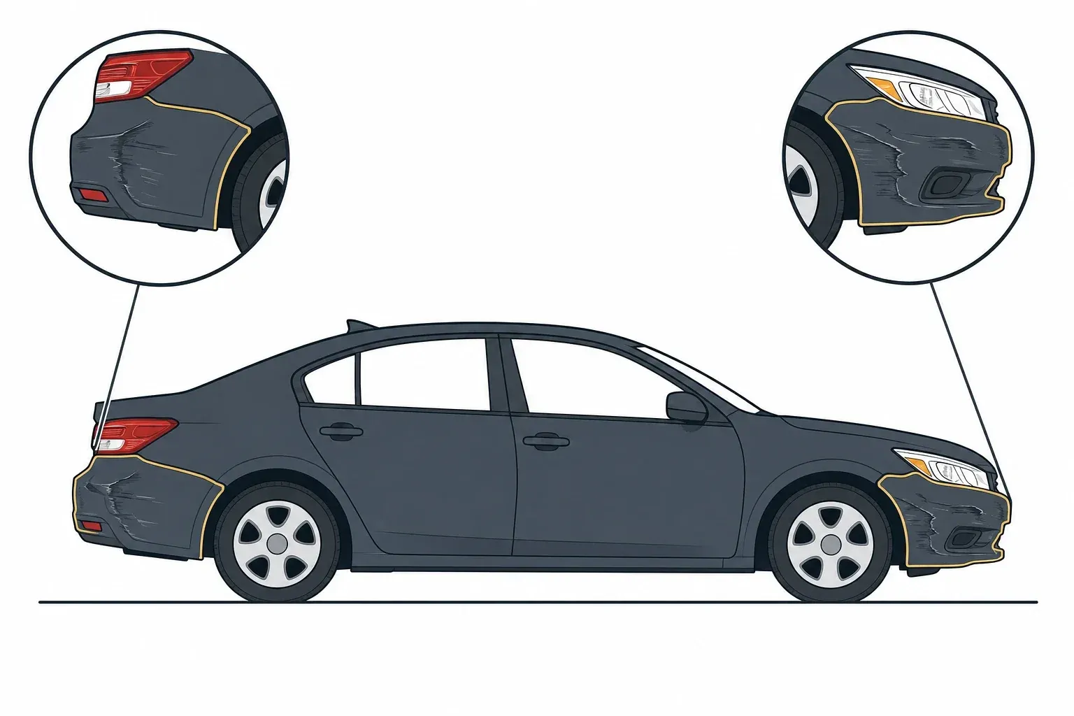 Side view of a right-facing middle car with highlighted front and rear damage areas connected to schematic circular detail views.