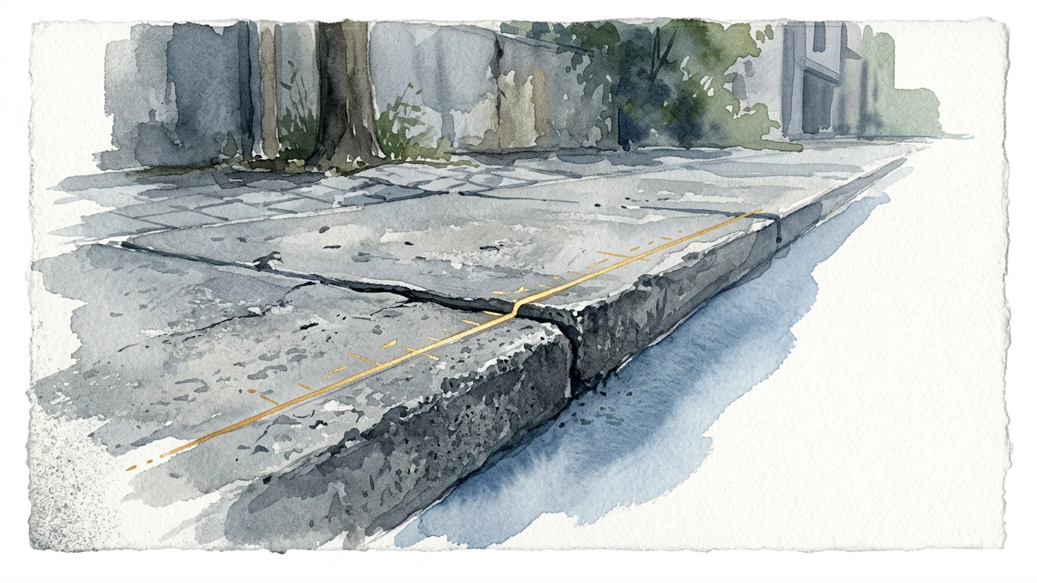 Raised sidewalk seam crossed by a gold measuring line, illustrating evidence in a sidewalk defect claim.