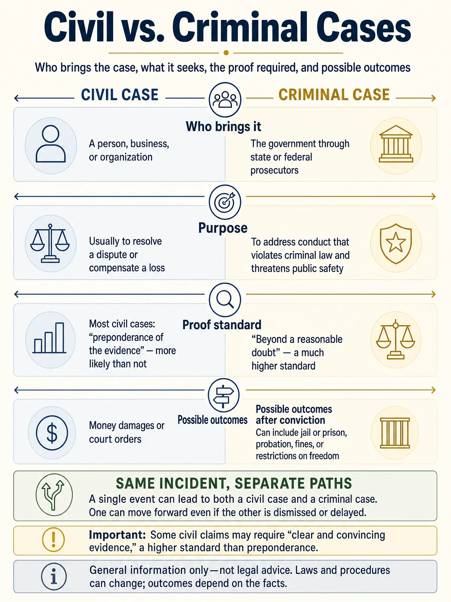 Side-by-side comparison of civil and criminal cases, including who brings each case, its purpose, proof standard, possible outcomes, and how one incident can lead to both.