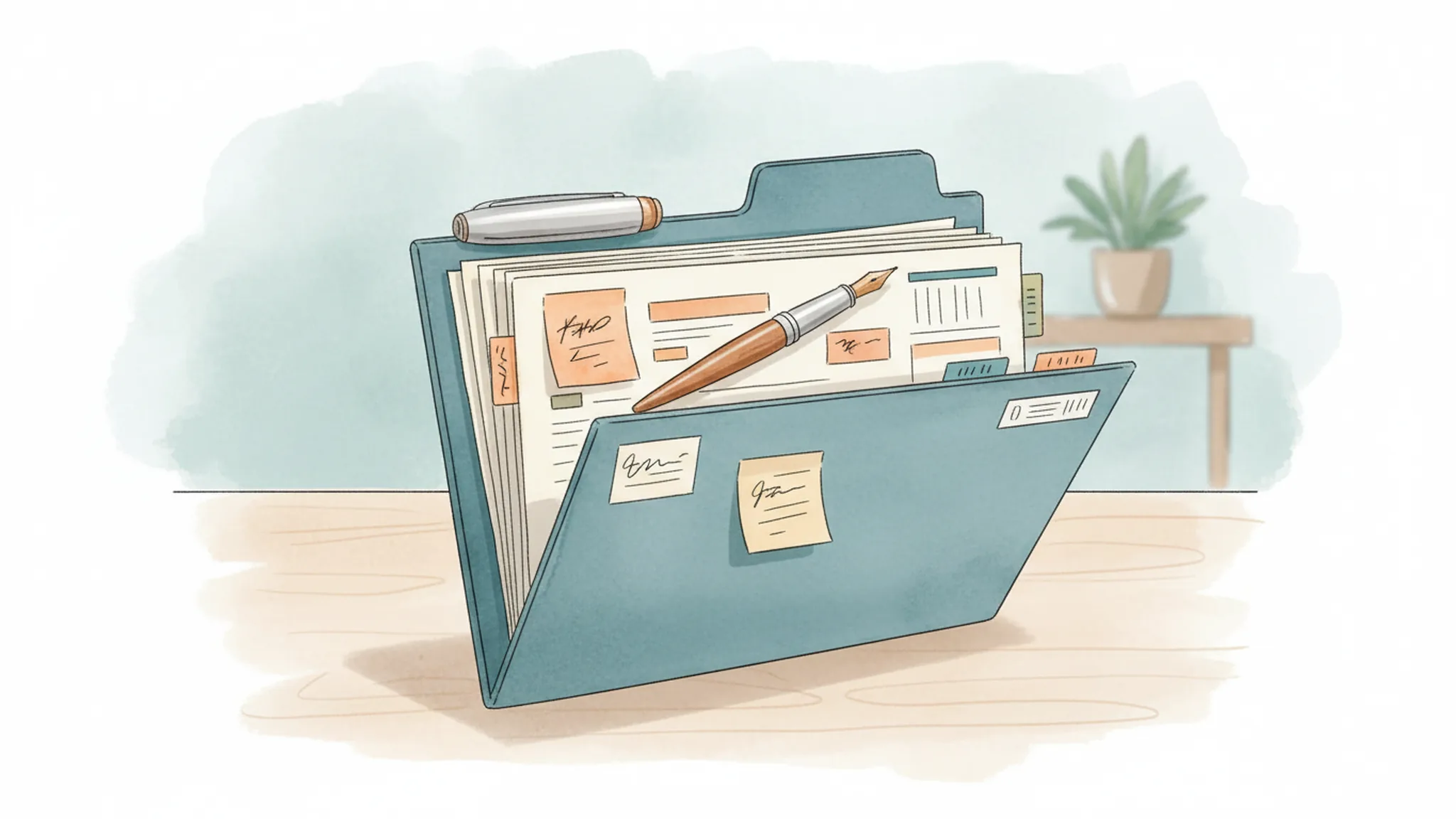 Watercolor illustration of an insurance claim file folder with timeline notes and document tabs.