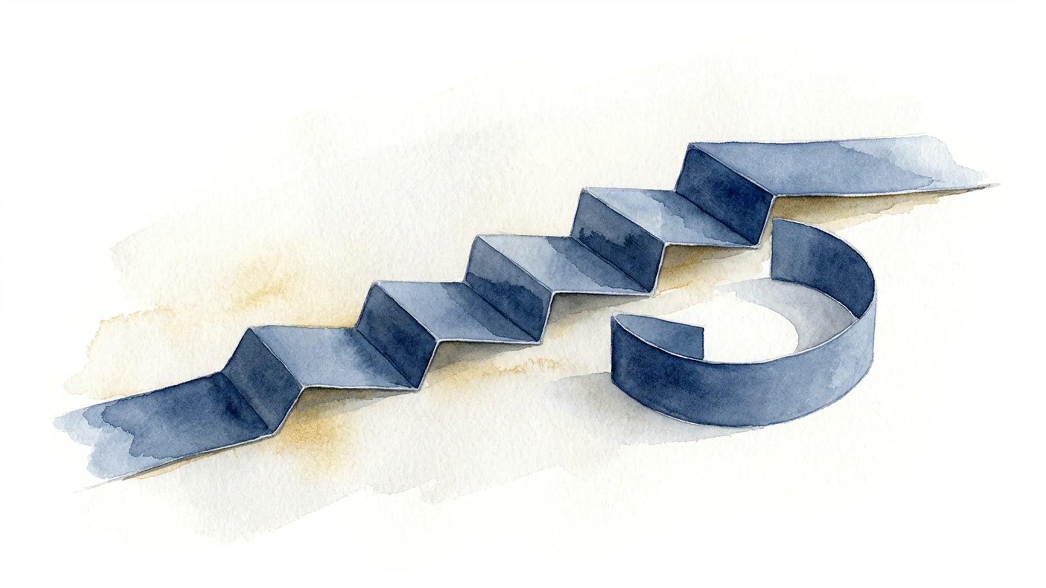 Minimal watercolor illustration of a folded blue paper ribbon forming successive steps with a short path that branches and rejoins.
