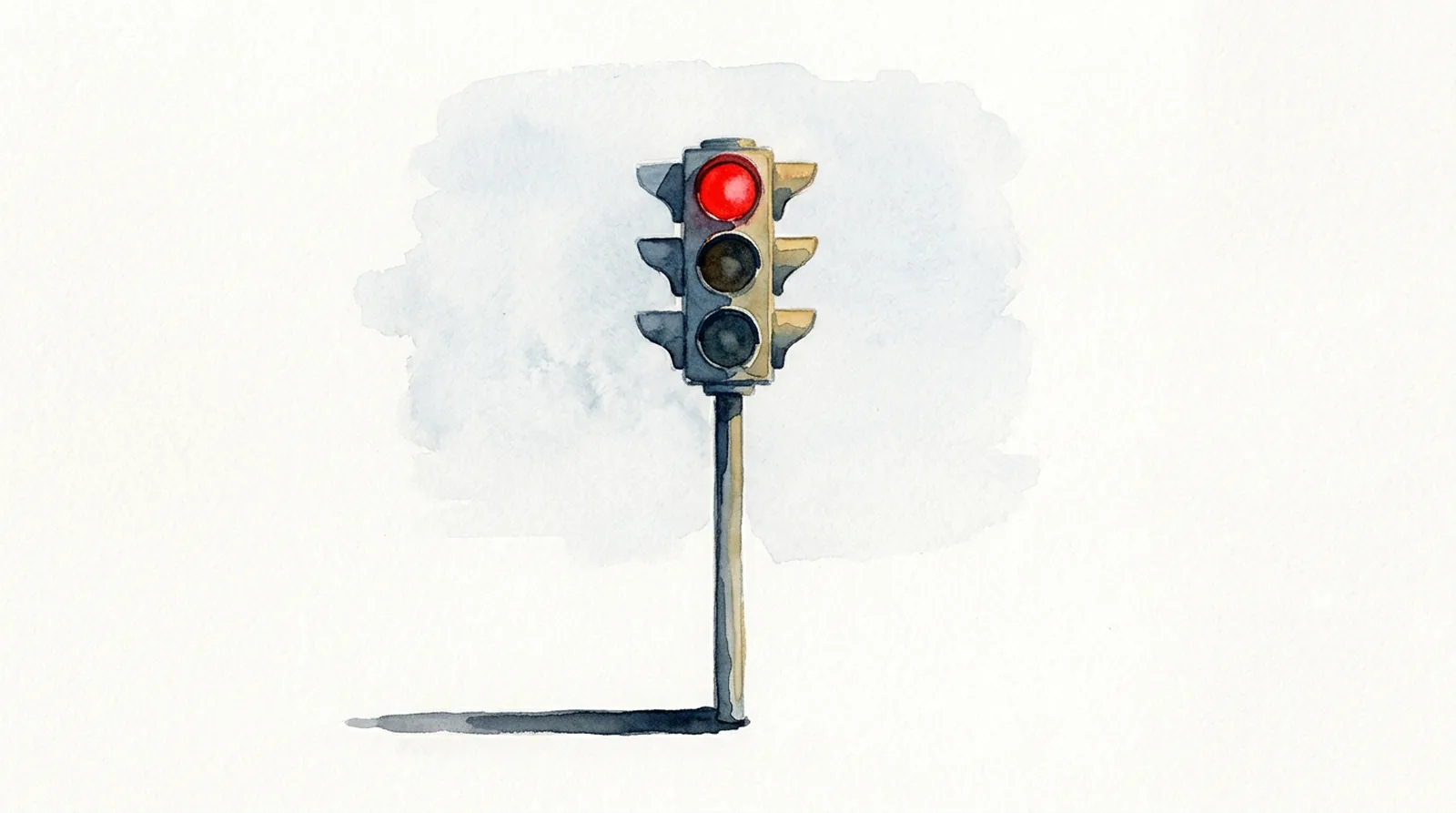 Watercolor illustration of a traffic signal with its red light illuminated and its two lower lamps dark.
