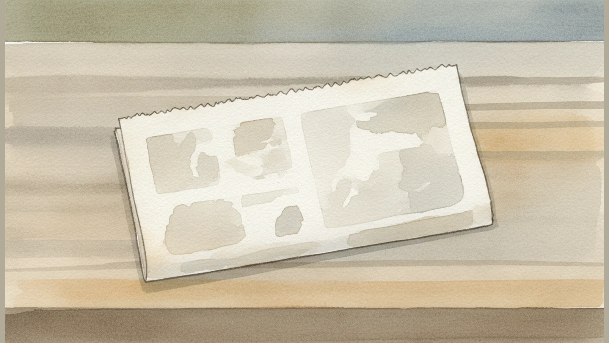 Watercolor illustration of a newspaper clipping on a wooden desk