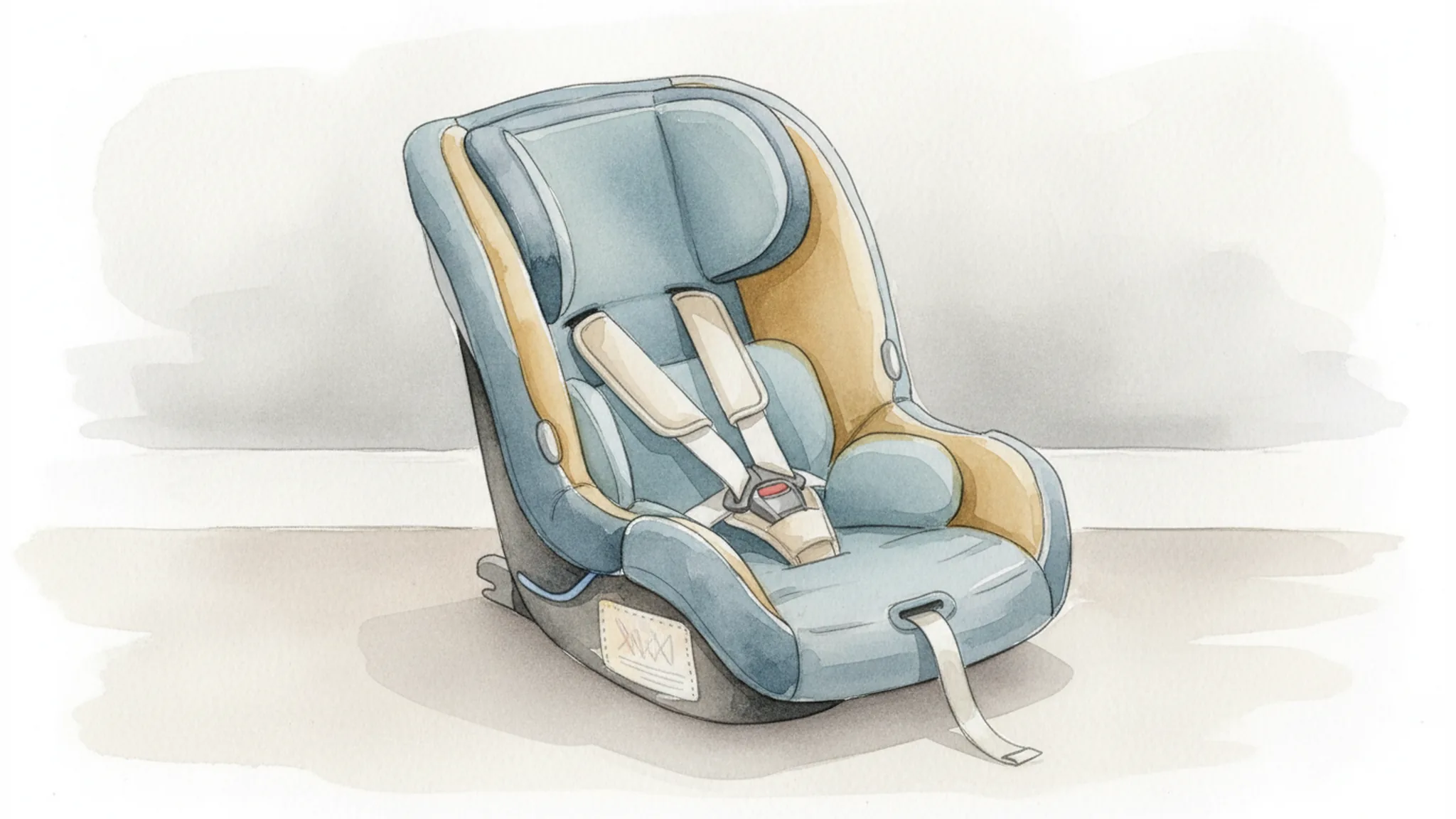 Empty child car seat preserved after a crash for evidence review.