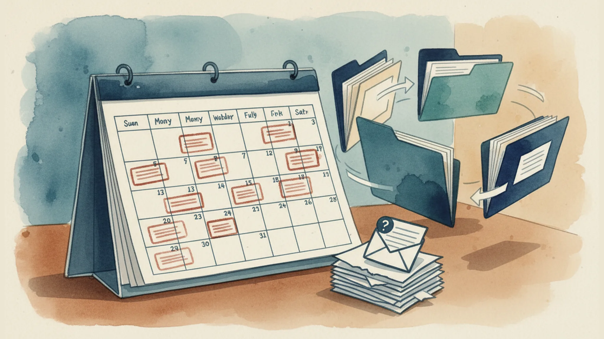 Watercolor illustration of an insurance claim calendar with delayed file folders and unanswered messages.