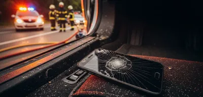 Escena de accidente con teléfono visible en el suelo del vehículo