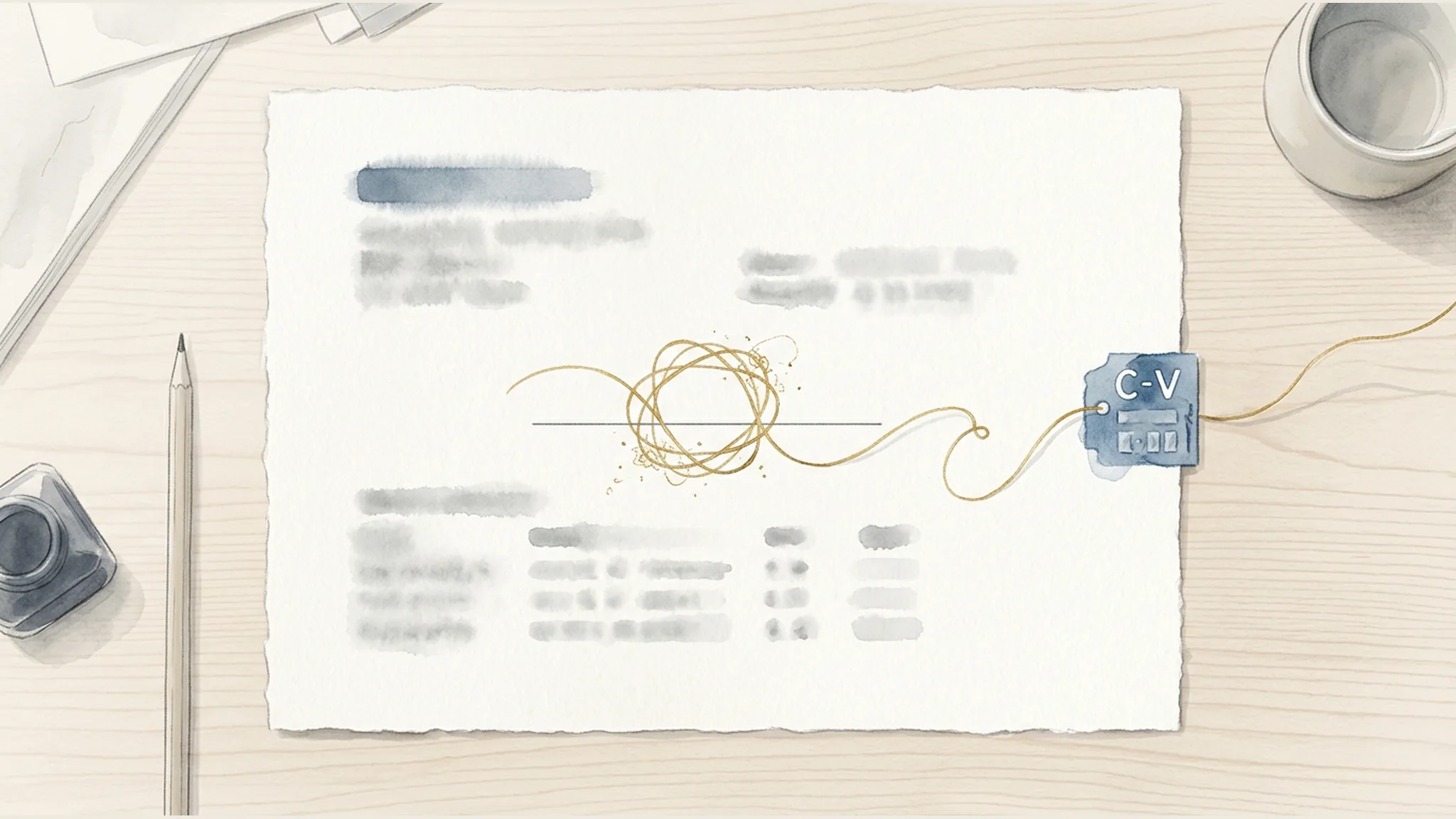 Watercolor illustration of an unmarked registration sheet with a gold thread untangling from one line toward a blue vehicle tab.