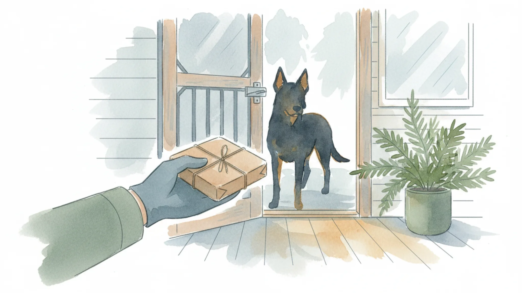 Watercolor illustration of a delivery worker holding a package at a residential porch while a dog stands behind a partially open gate.
