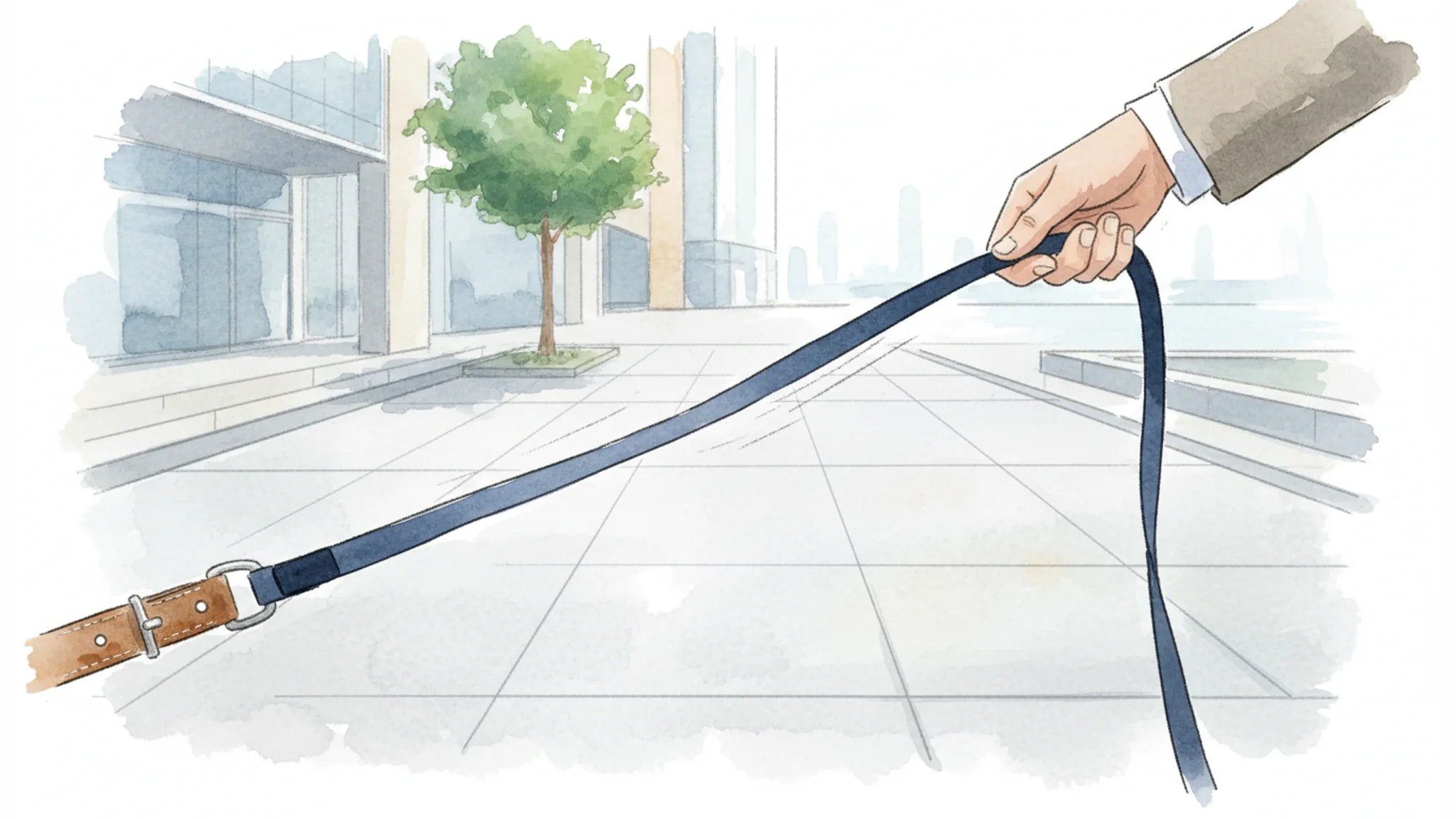 Watercolor illustration of a taut dog leash in a handler’s hand on a sidewalk.