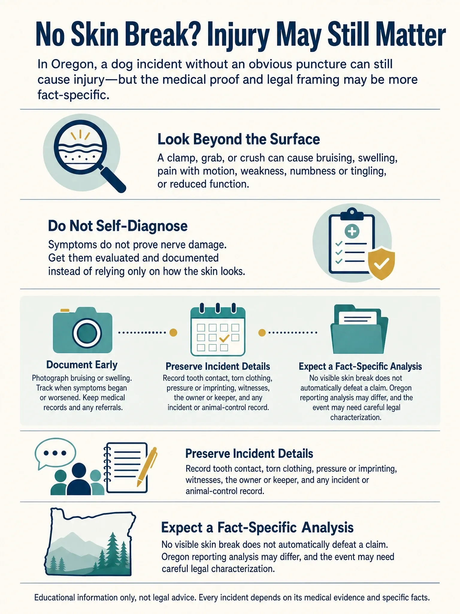Five-part infographic explaining symptoms and documentation considerations after an Oregon dog incident with no visible skin break.
