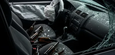 Interior de vehículo chocado con botellas y luces de emergencia visibles