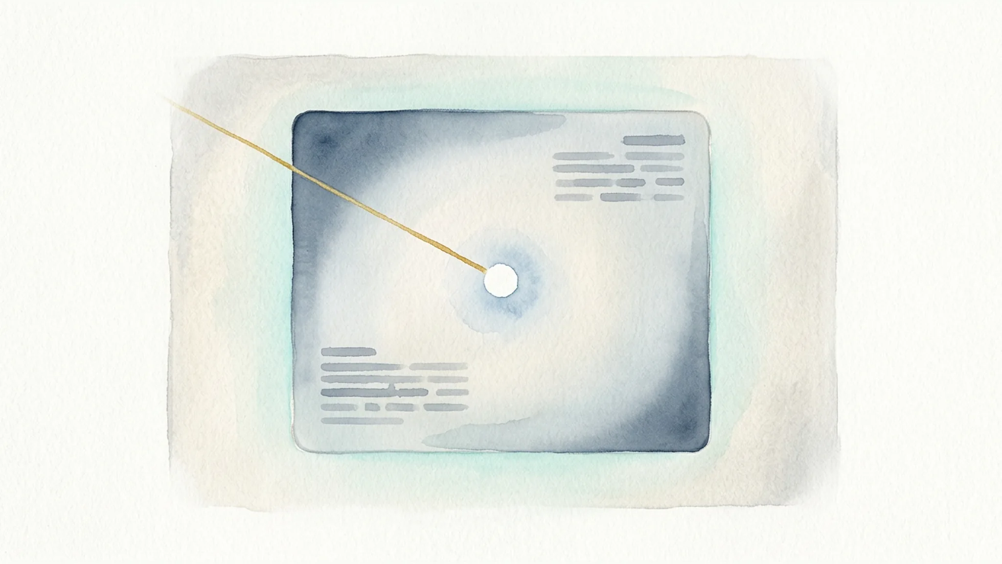 Minimal watercolor illustration of an unmarked medical scan panel with a gold line highlighting a subtle hidden gap.