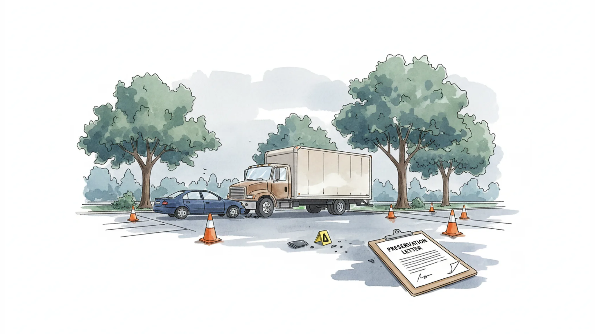 Unbranded delivery box truck at an intersection with cones and a preservation-letter clipboard in a minimalist watercolor illustration