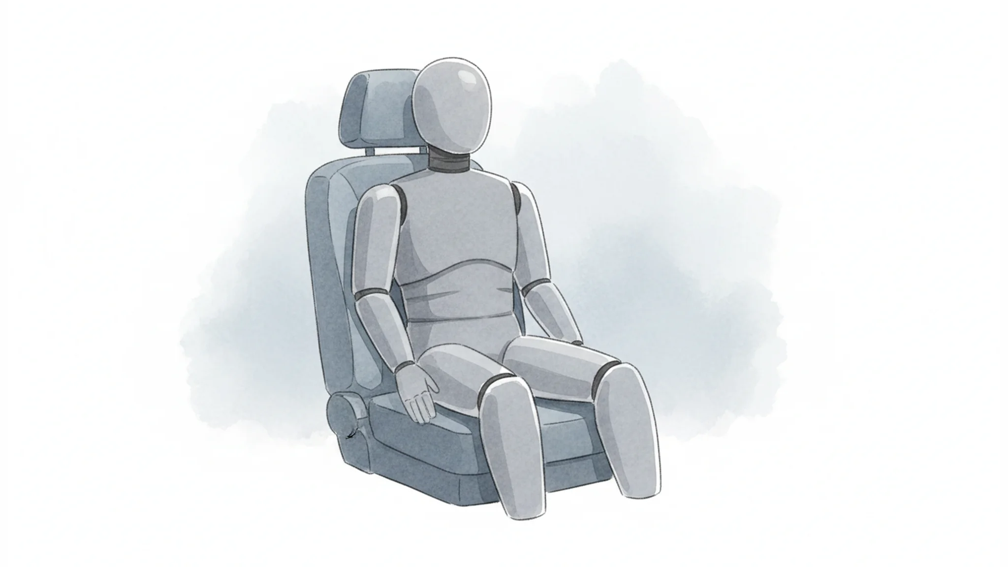 Watercolor illustration of a car crash test dummy seated in a vehicle seat