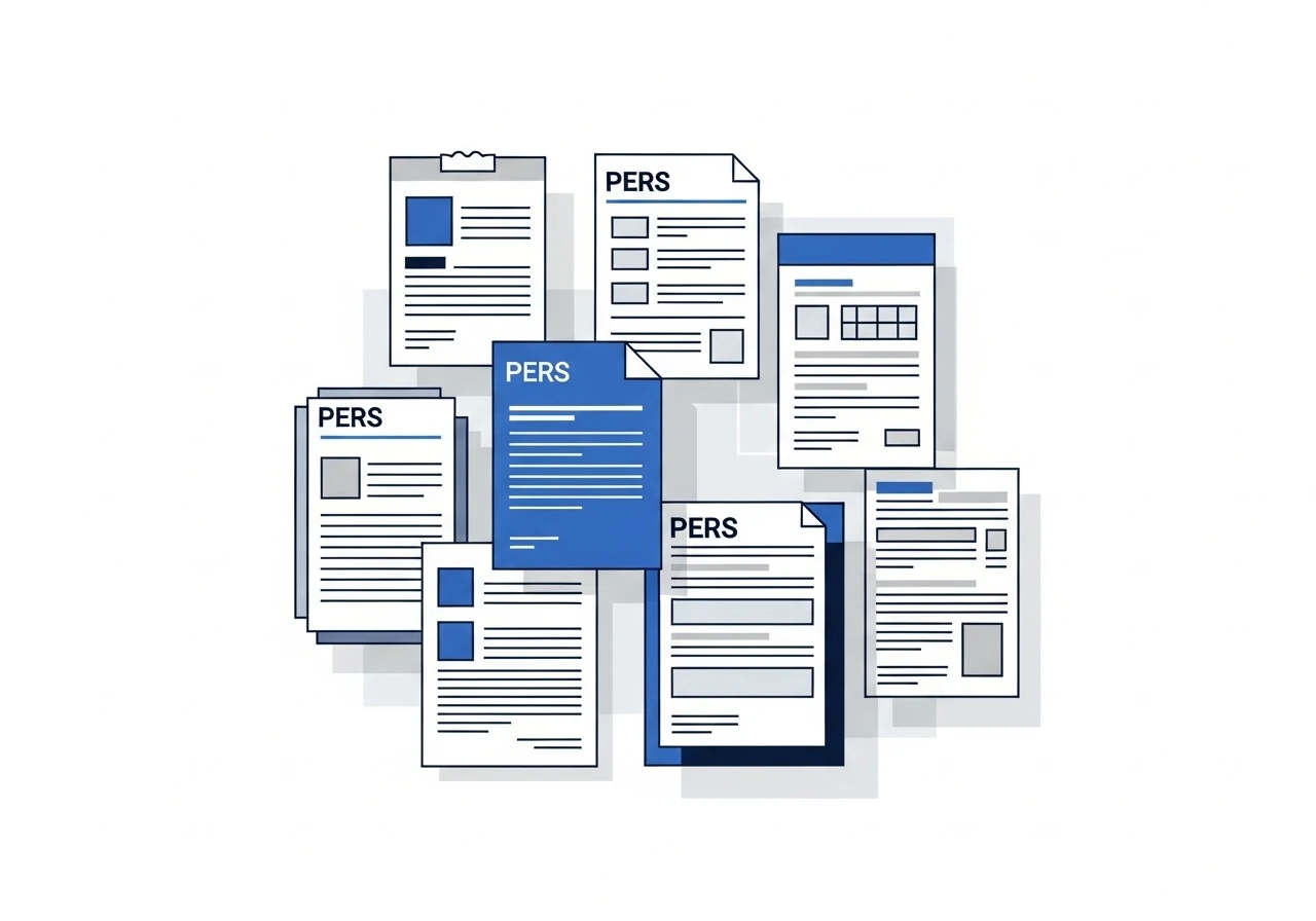 Minimalistic illustration of government benefit documents representing PERS, OEBB, and federal employee coordination