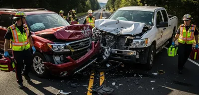 Vista aérea de dos vehículos severamente dañados tras un choque frontal en carretera de Oregón