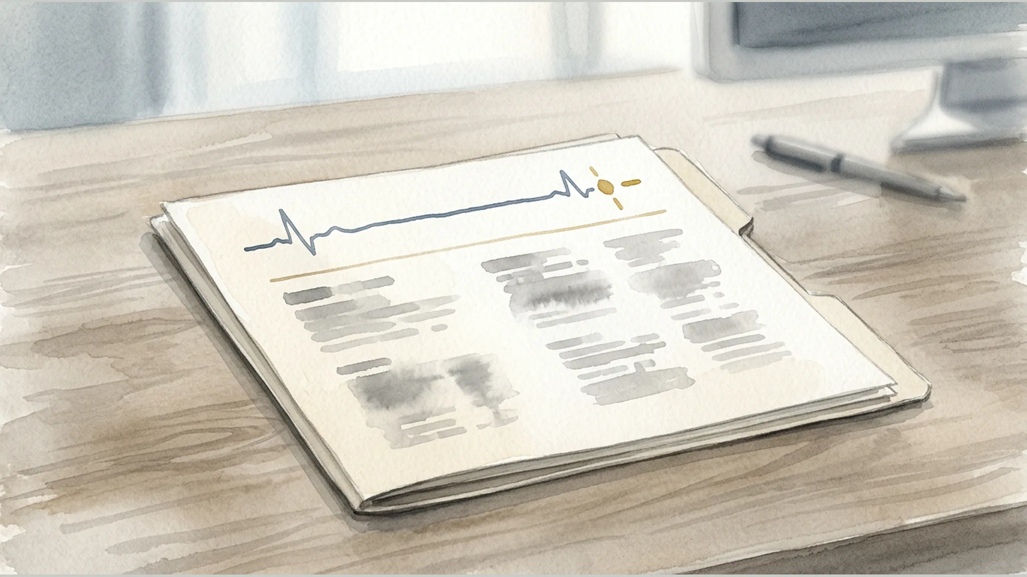 Watercolor illustration of an organized medical chart with a muted blue monitoring line and gold timing marker.