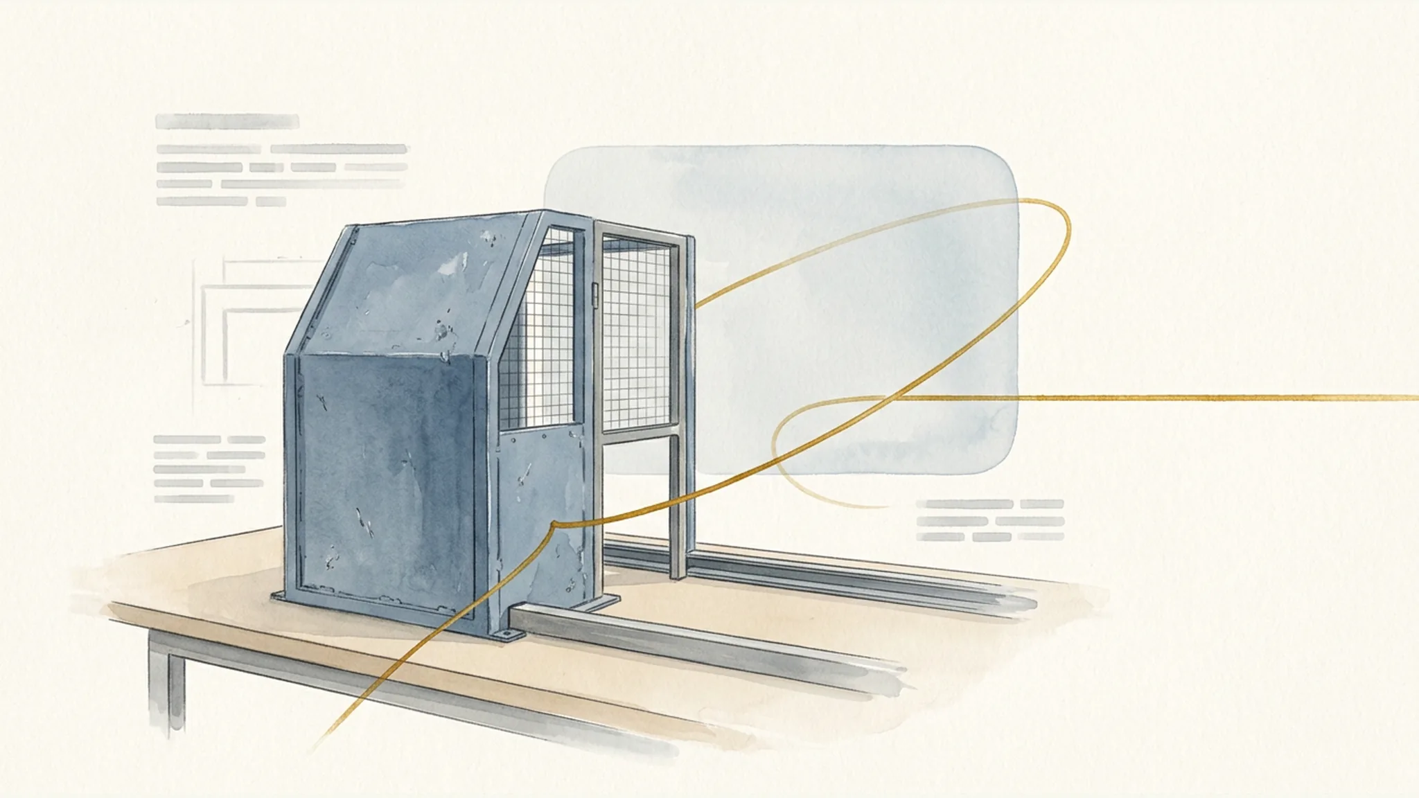 Watercolor illustration of an industrial machine guard on a workbench with two gold paths, showing separate workers’ comp and third-party claim tracks.
