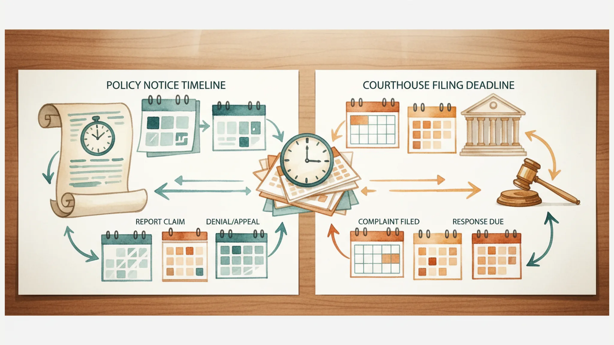 Watercolor illustration of two insurance and courthouse deadline timelines on a desk.