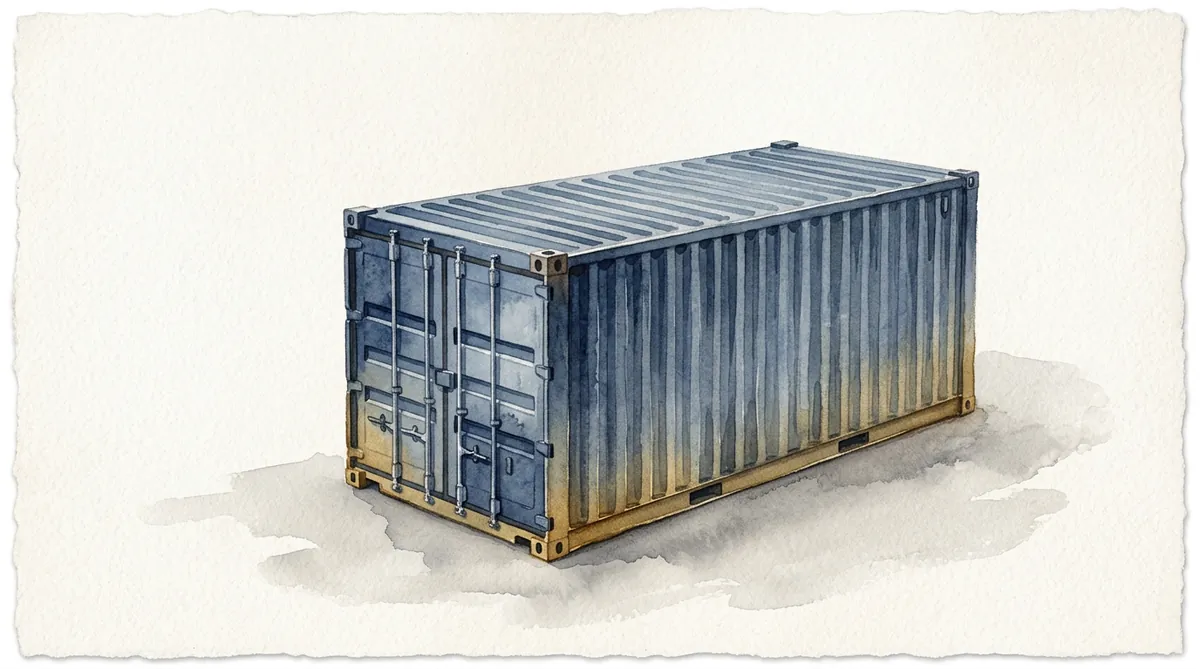 Conceptual editorial illustration of a closed generic shipping container, not equipment from the reported Highway 26 crash.