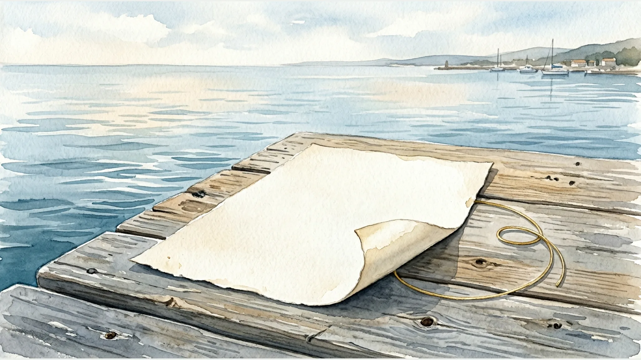 Plain waiver-like sheet beside calm water with one corner curling upward and a gold safety cord nearby.