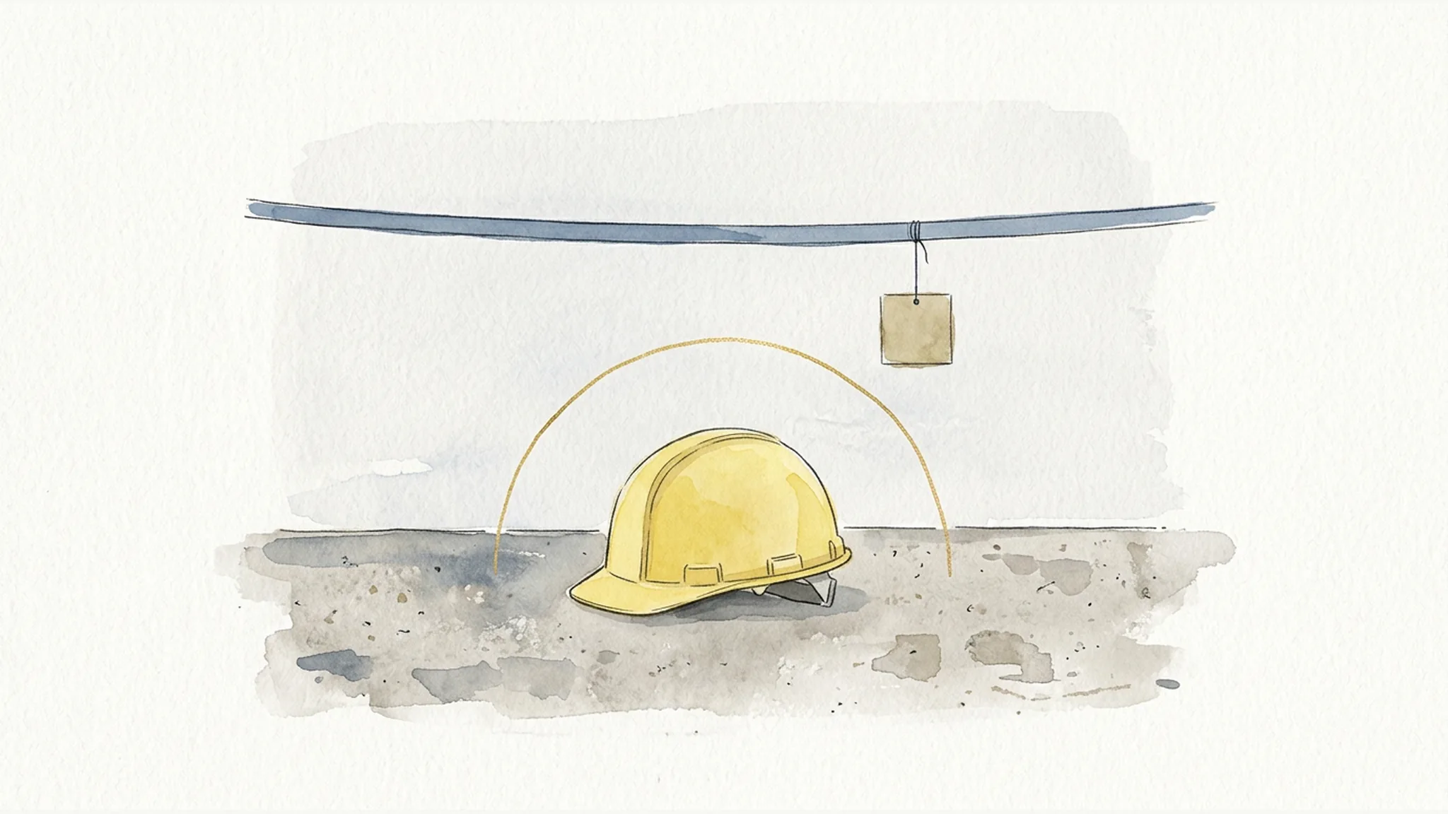 Watercolor illustration of a hard hat below a protected overhead zone with a suspended unmarked block.