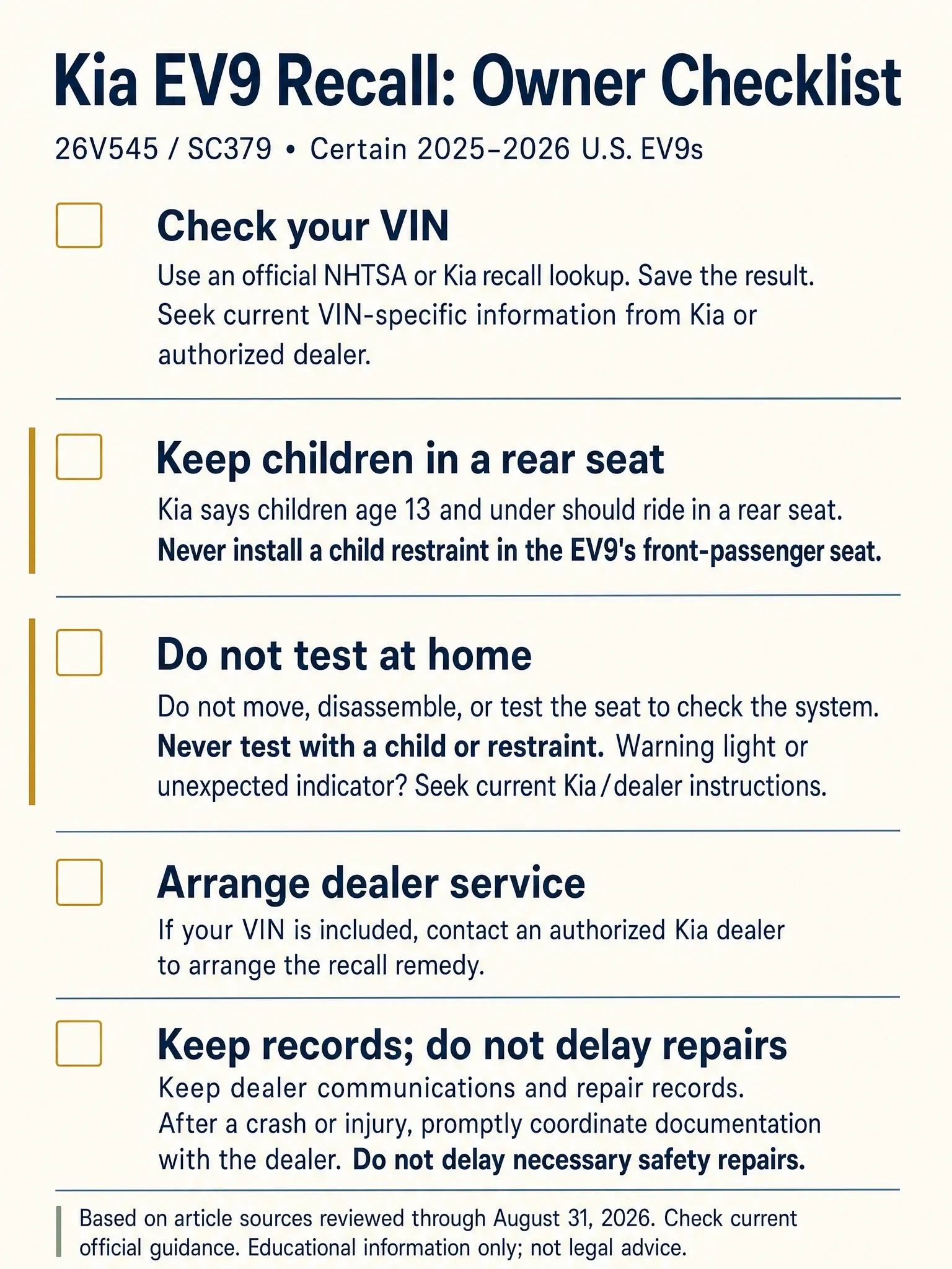 Five-item Kia EV9 recall checklist: check the VIN, follow child-seat safety guidance, avoid home testing, arrange dealer service, and keep records without delaying safety repairs.