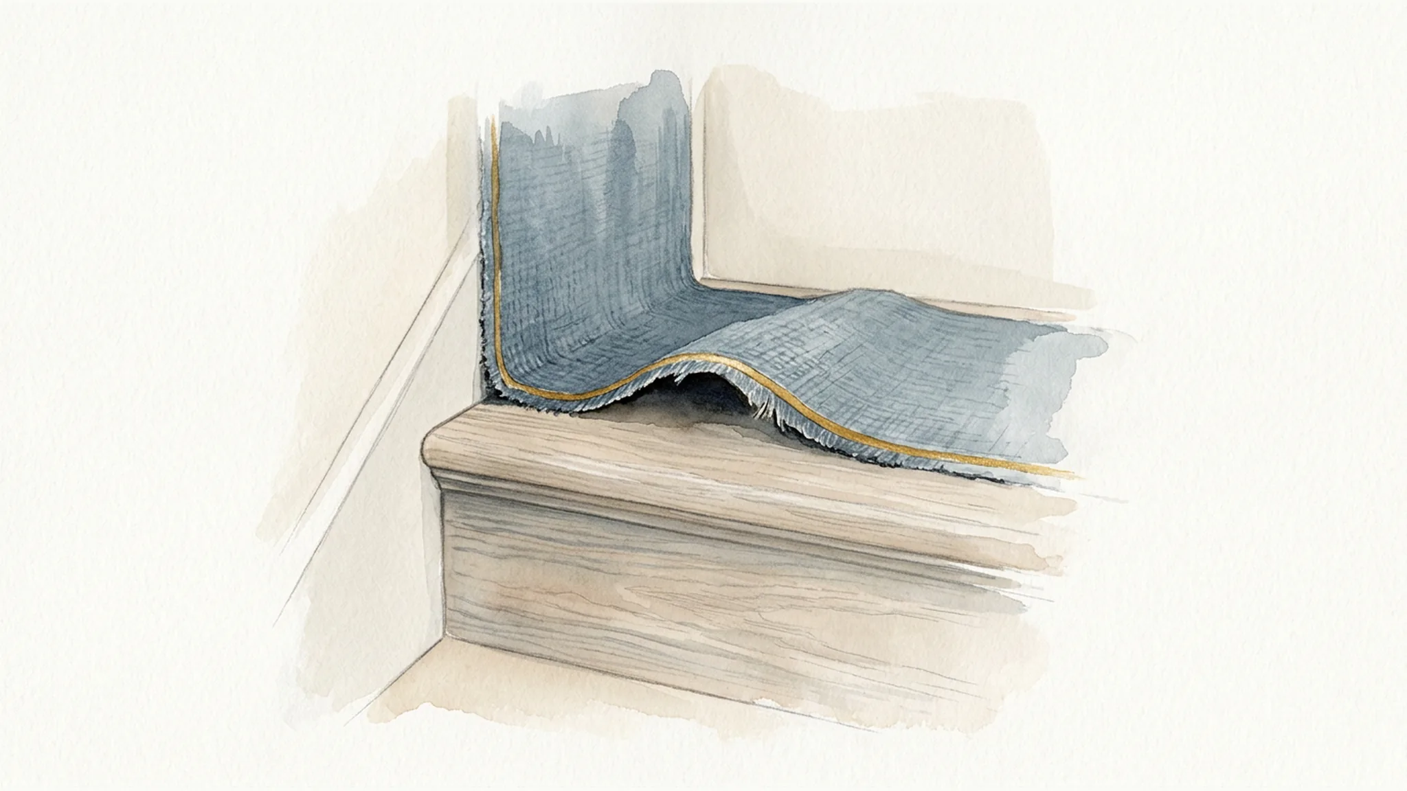 Watercolor illustration of a lifted carpet edge on a stair tread with a gold measuring line marking the raised lip.