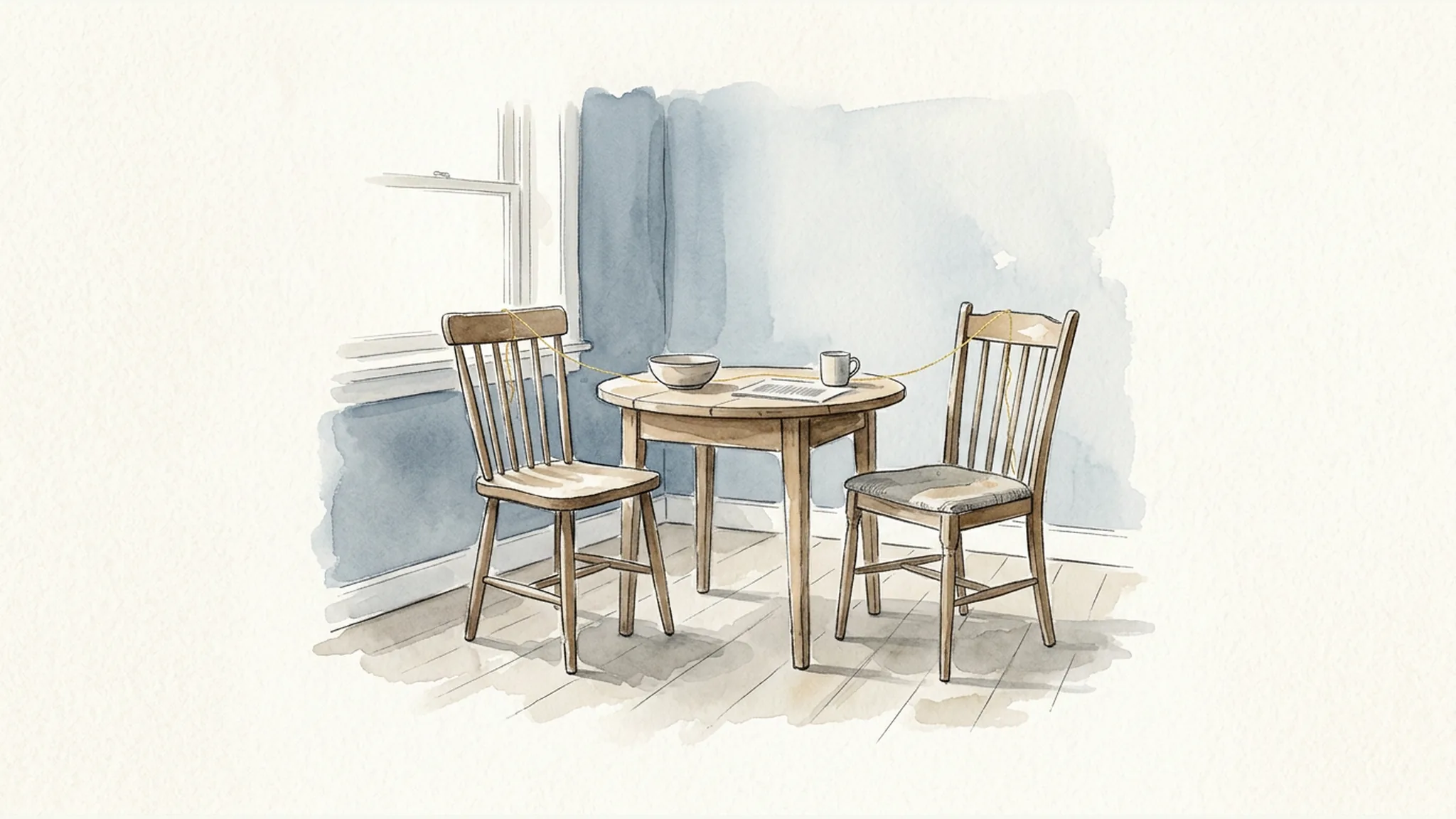 Two empty chairs at a kitchen table connected by a loose gold thread, illustrating the relationship impact of an injury on spouses.