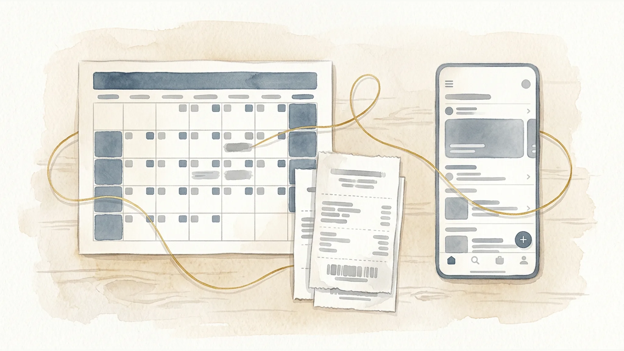 Calendar page, receipts, and an unbranded app record connected on a desk to show organized proof of lost income.