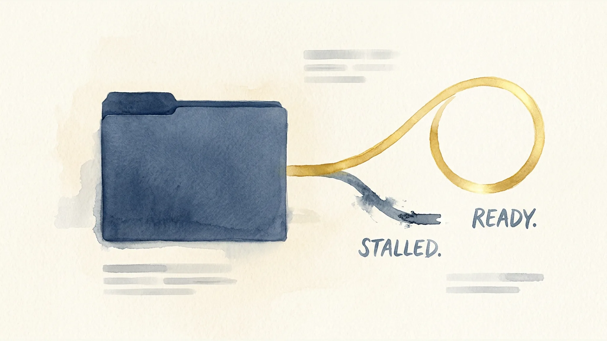 An unmarked blue folder with a gold path splitting between an ordered circle and a stalled gap.