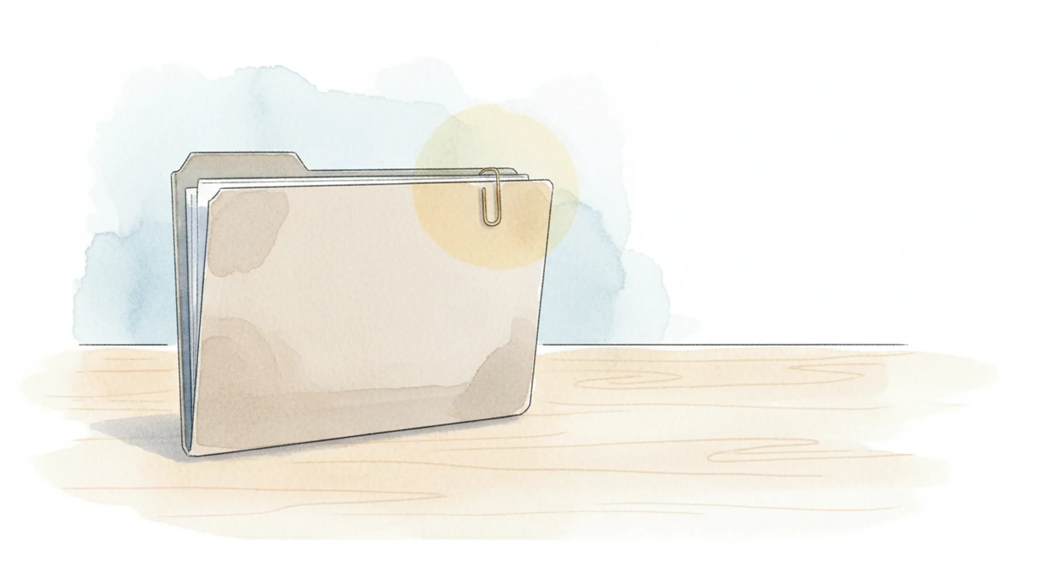 Watercolor illustration of a medical billing folder with a paperclip on a clean desk, representing Oregon provider lien paperwork.