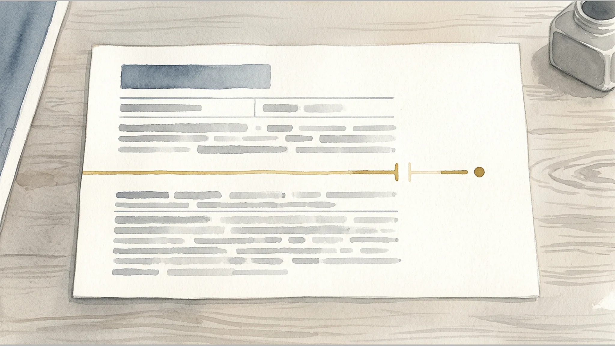 Watercolor illustration of an unmarked medical record sheet with a gold timeline line interrupted by a small gap.