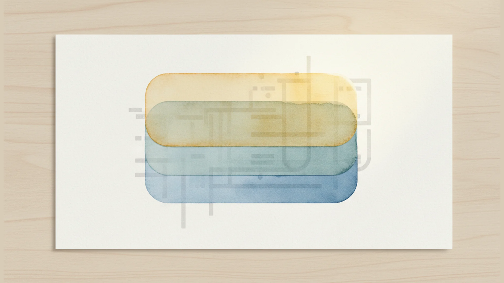 Watercolor illustration of three translucent paper layers above a plain sheet with warm light on the front layer.