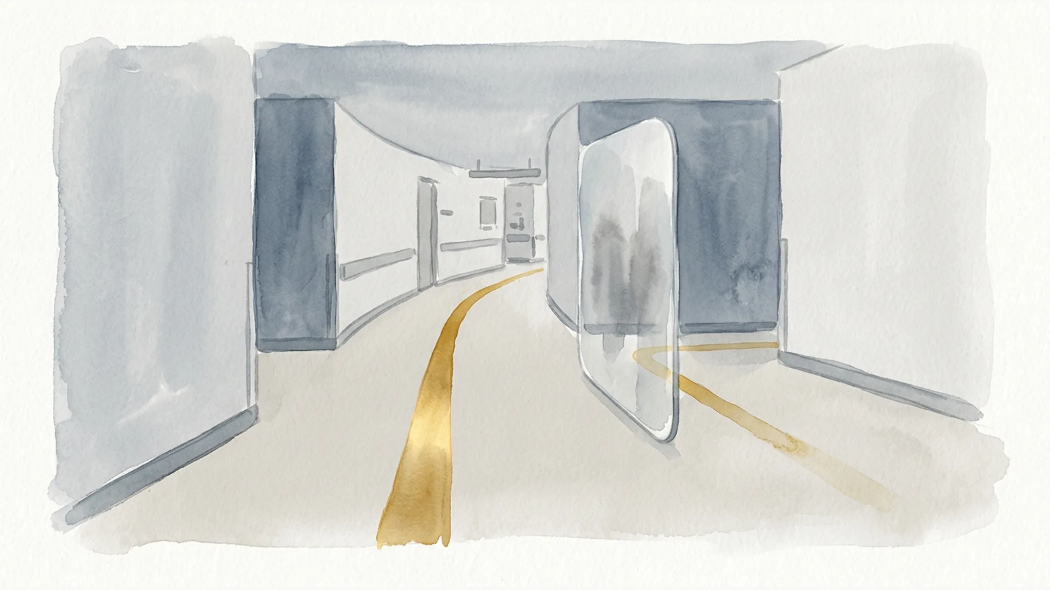 Watercolor illustration of a gold path line disappearing behind a translucent panel in a quiet hospital corridor.