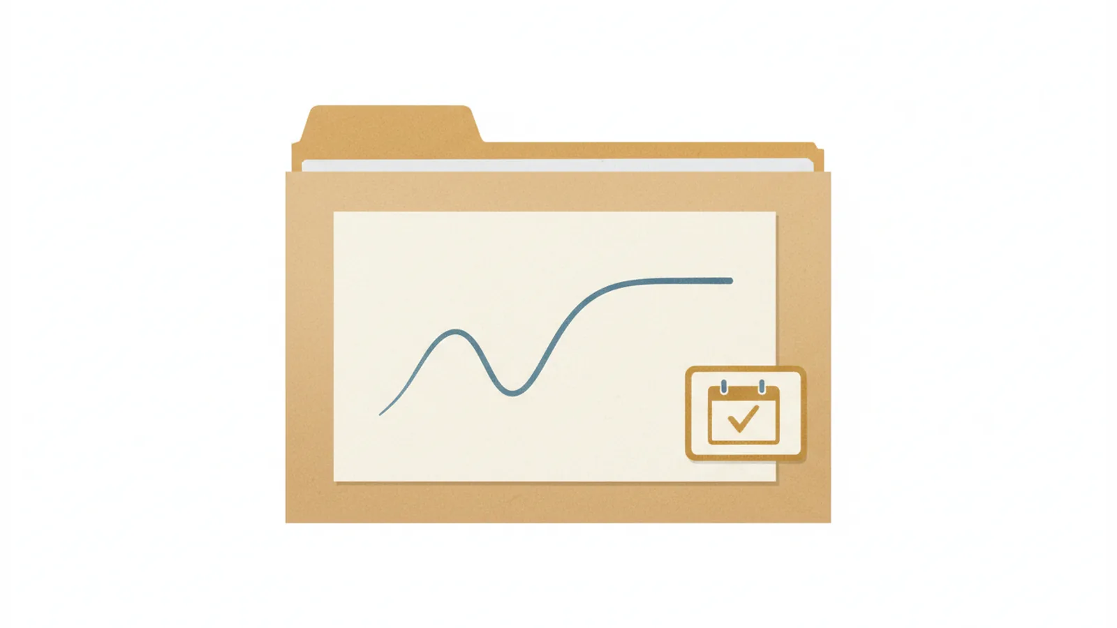 Medical progress chart leveling off beside a calendar checkpoint and claim folder.