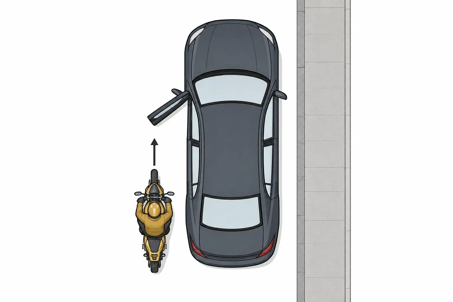Overhead diagram of a parked car's open street-side door in a passing motorcyclist's path.
