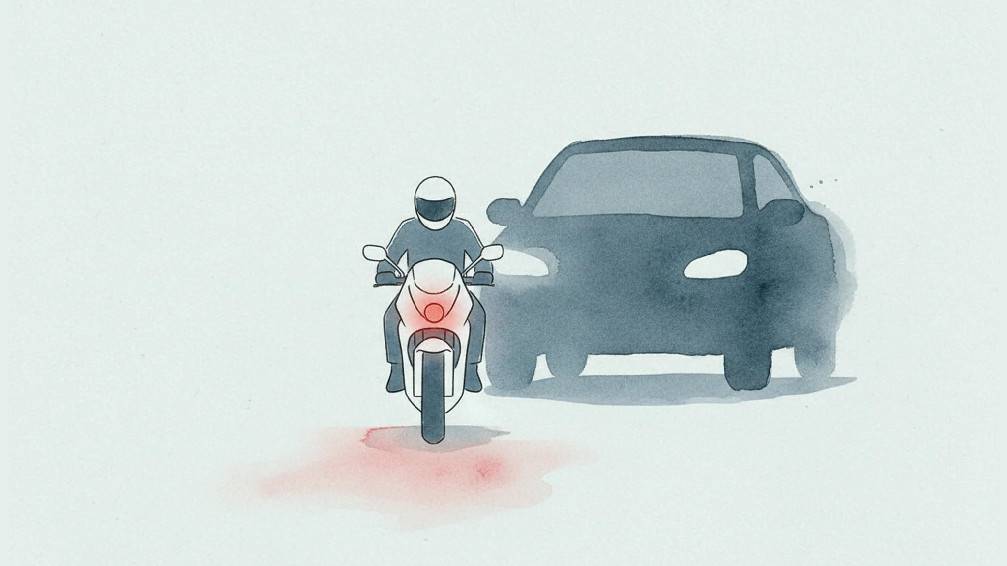 Minimal watercolor illustration of a stopped motorcycle at a red light with an approaching car behind it